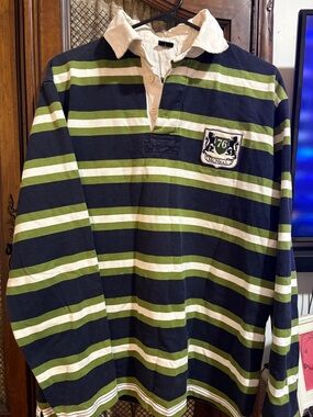 Large Striped Rugby Shirt with Crest - Navy, Green & White